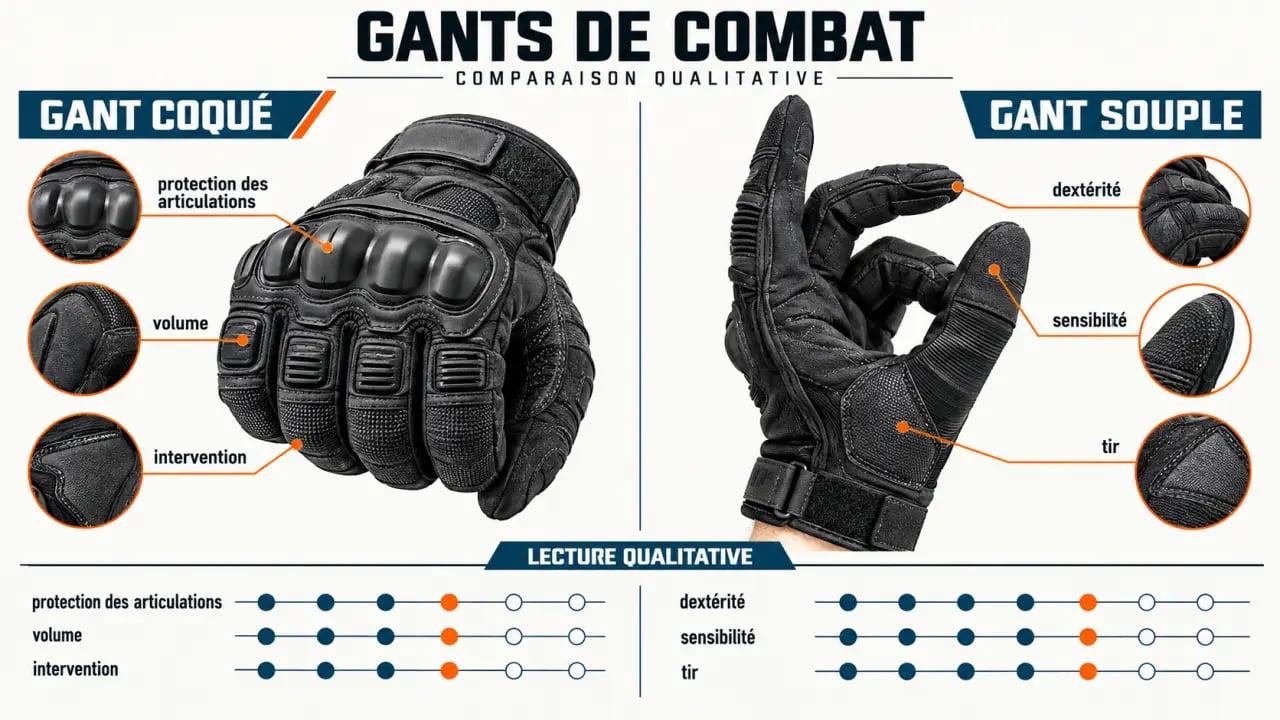 Infographie comparative des gants de combat coqués et souples selon la protection et la dextérité