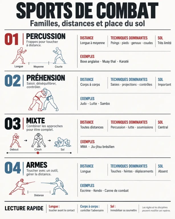Infographie de la liste des sports de combat classés par familles techniques