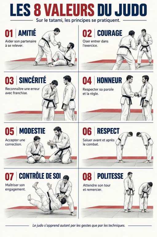 Infographie des huit valeurs du judo et de leurs comportements sur le tatami
