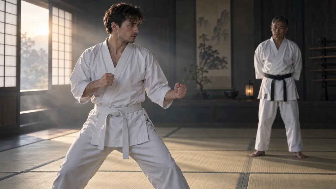 Karatéka débutant travaillant sa position de garde dans un dojo traditionnel