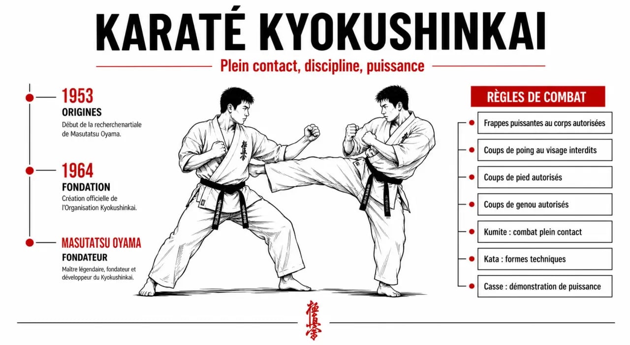 Infographie karaté kyokushinkai sur l’histoire et les règles du combat
