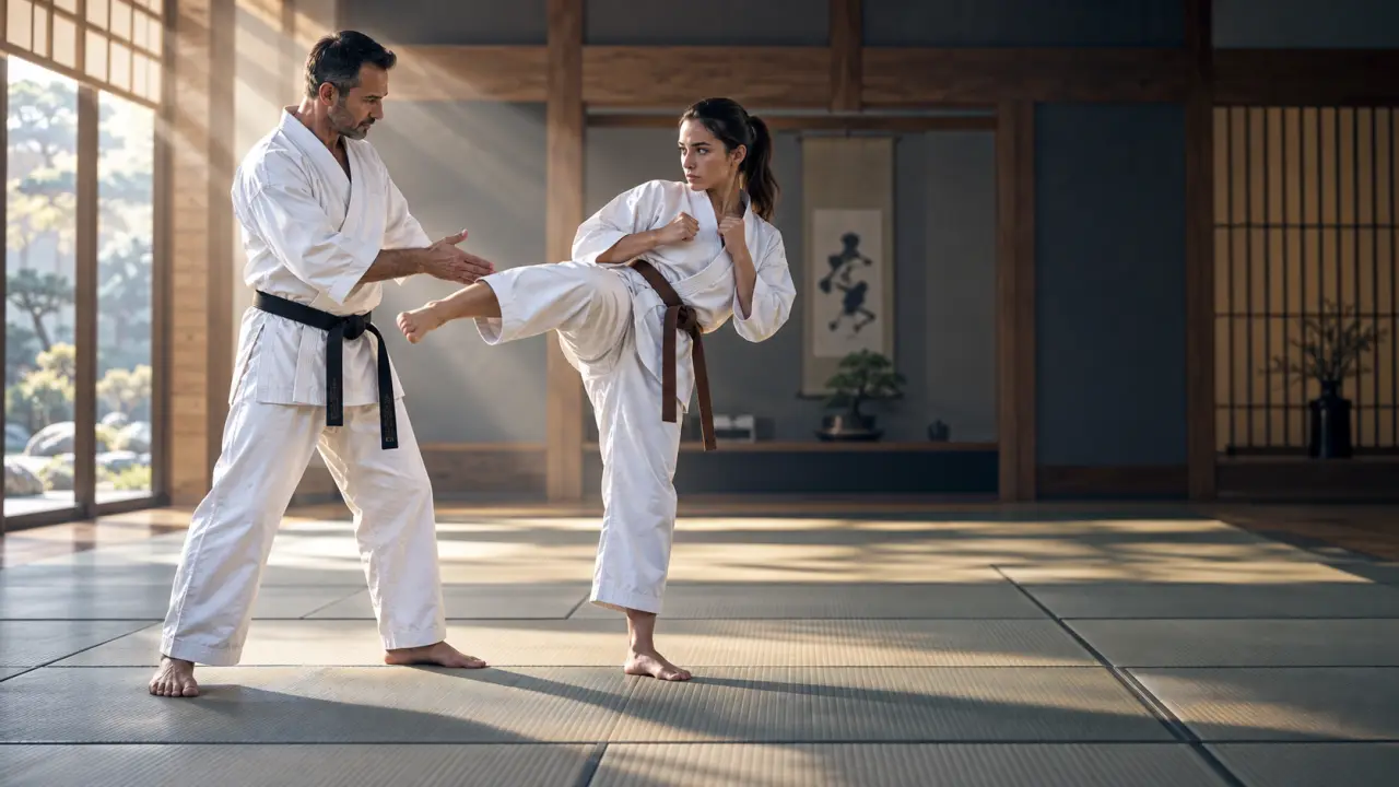 Karatéka exécutant un mawashi geri dans un dojo traditionnel