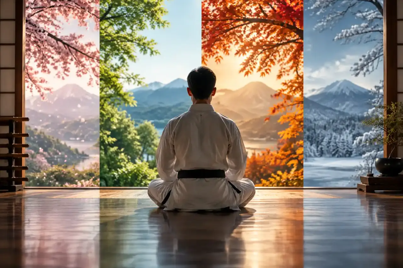 Karatéka assis en zazen dans un dojo baigné par une lumière naturelle