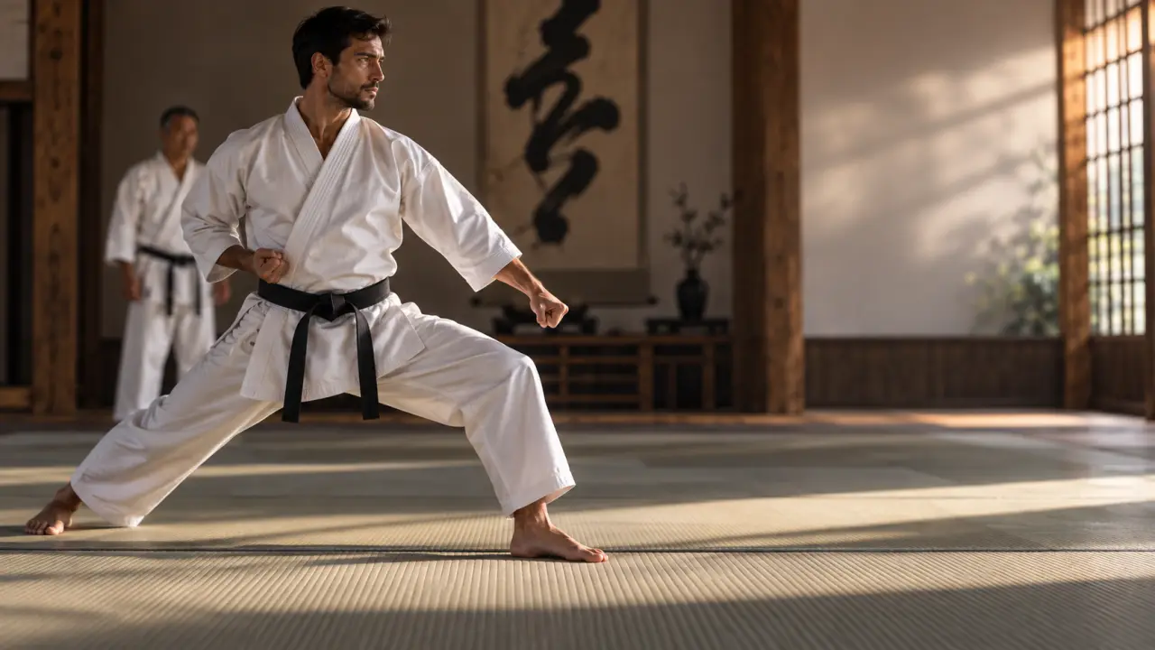 Karatéka en zenkutsu-dachi dans un dojo traditionnel