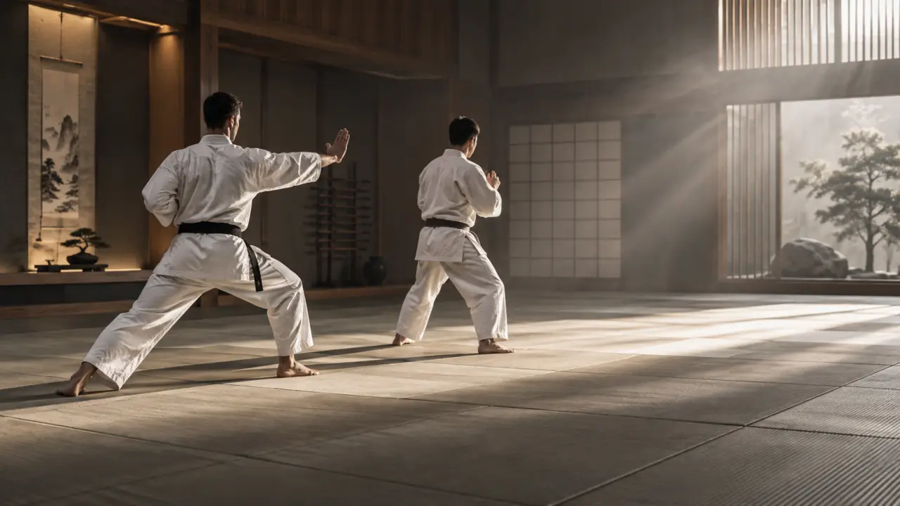 Karatéka et judoka s'entraînant dans un dojo traditionnel japonais