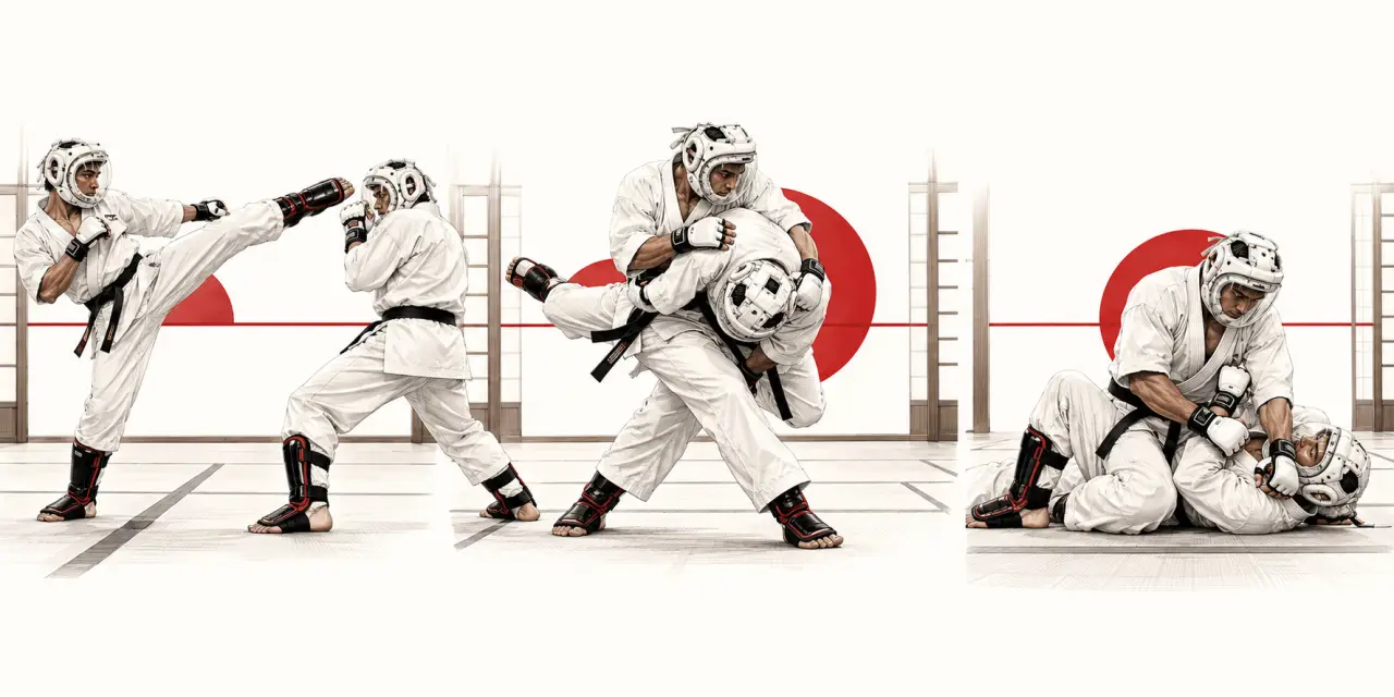 Esprit Kudo : illustration des frappes, projections et immobilisations du Kūdō