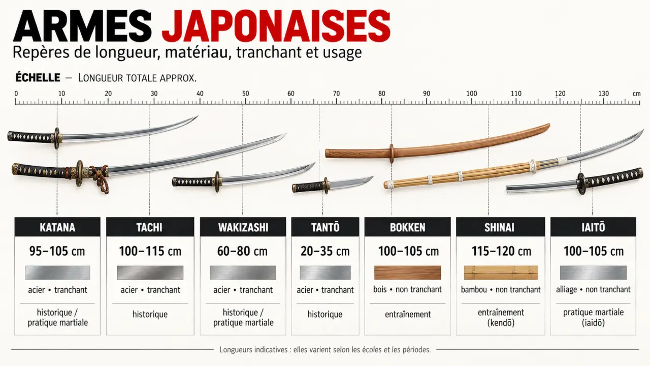 Infographie comparative sur les armes japonais : katana, tachi, wakizashi, tanto, bokken, shinai et iaitō