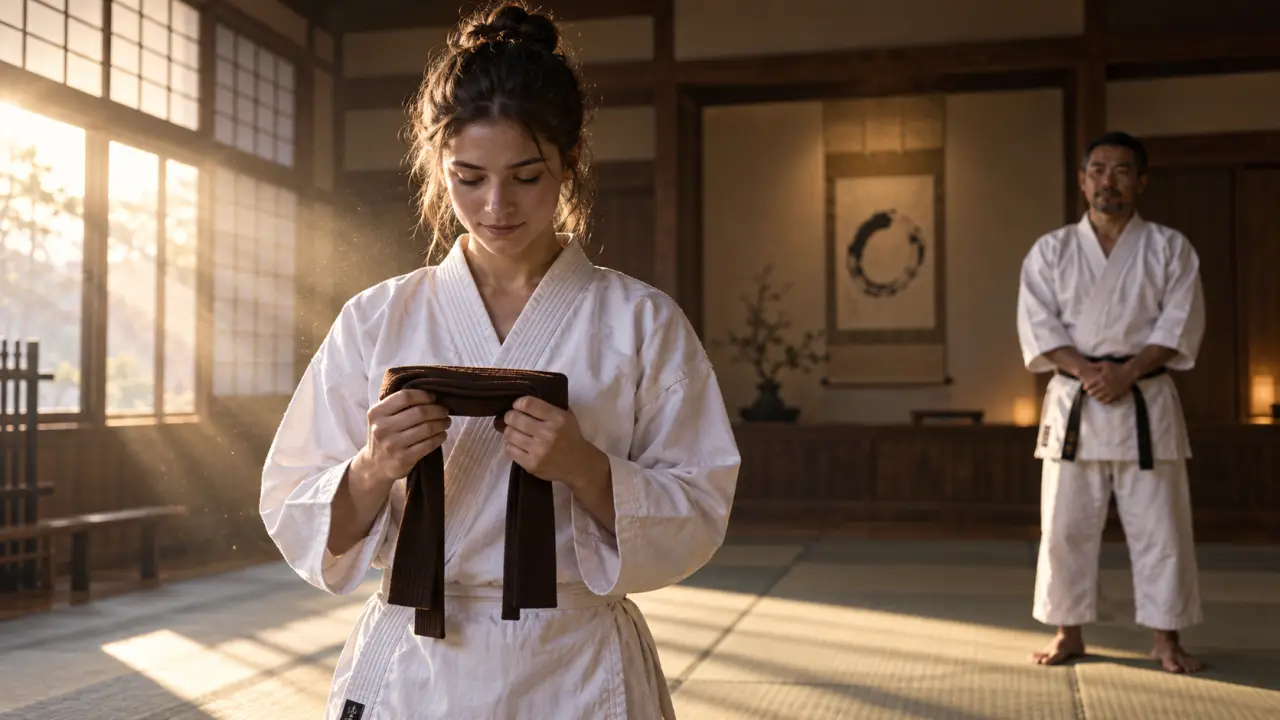 Karatéka en kimono blanc concentré avant son passage de grade dans un dojo traditionnel japonais