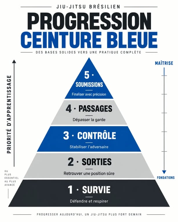 Infographie sur la progression de la ceinture bleue JJB, de la survie aux soumissions