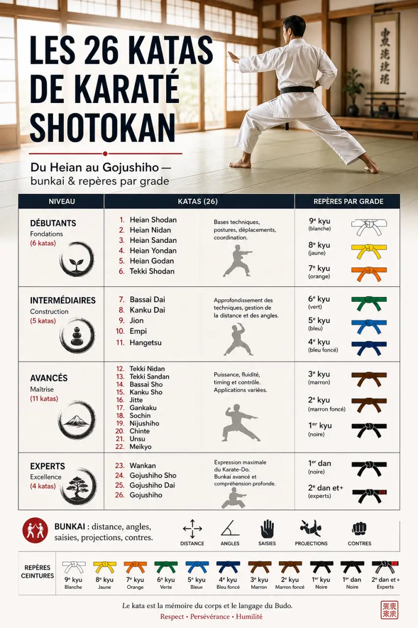 Les 26 katas de karaté Shotokan, du Heian au Gojushiho, avec bunkai et repères par grade