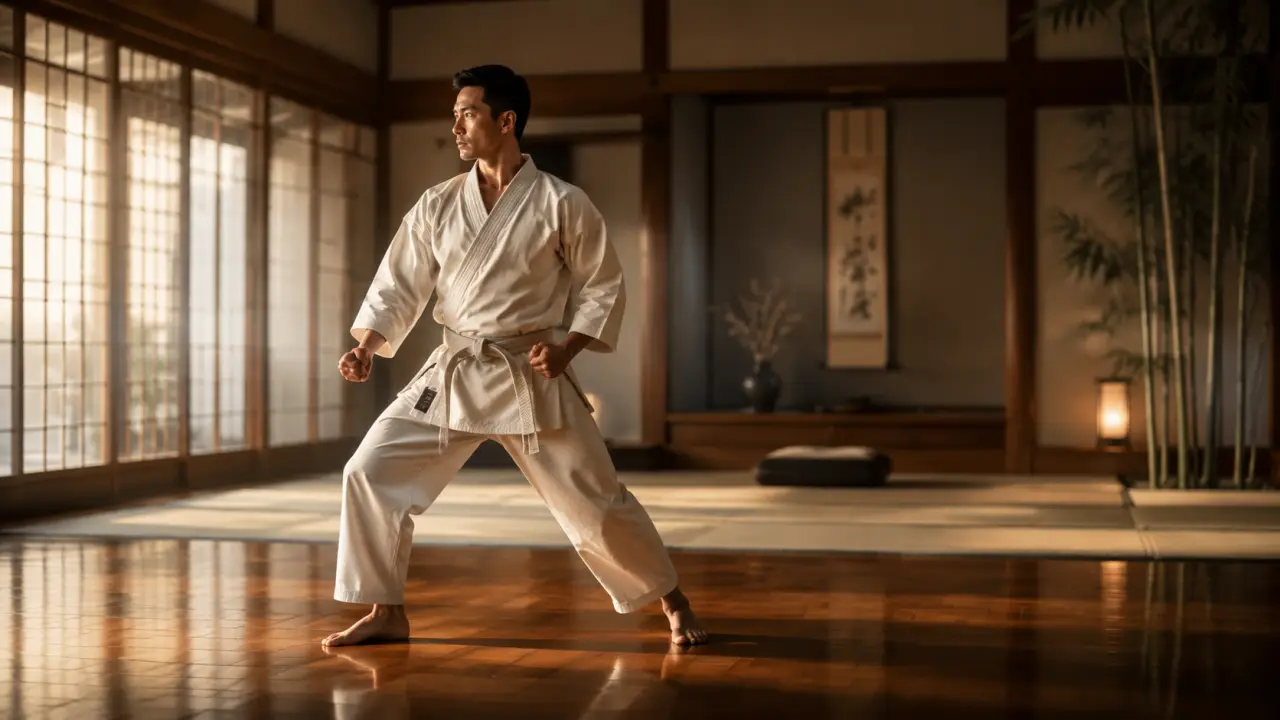 Karatéka en kimono blanc exécutant un coup de pied haut dans un dojo japonais en bois, lumière dramatique