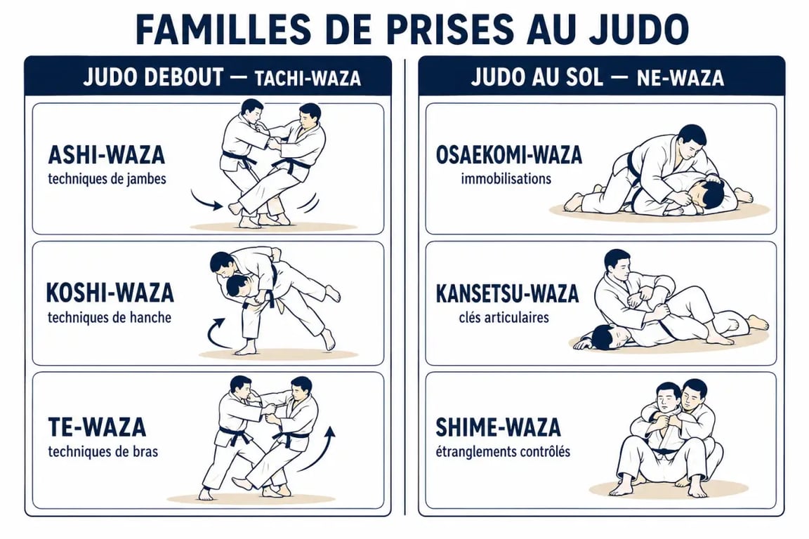 Pris de judo : schéma comparatif des familles debout et au sol