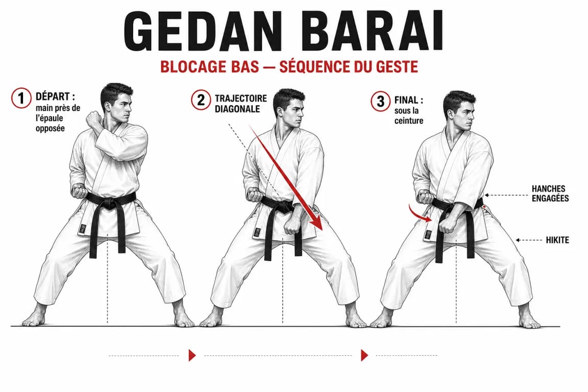 Gedan barai en karaté : trajectoire et position finale du blocage bas