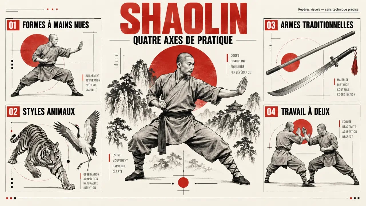 Art martial Shaolin : formes à mains nues, styles animaux et armes traditionnelles