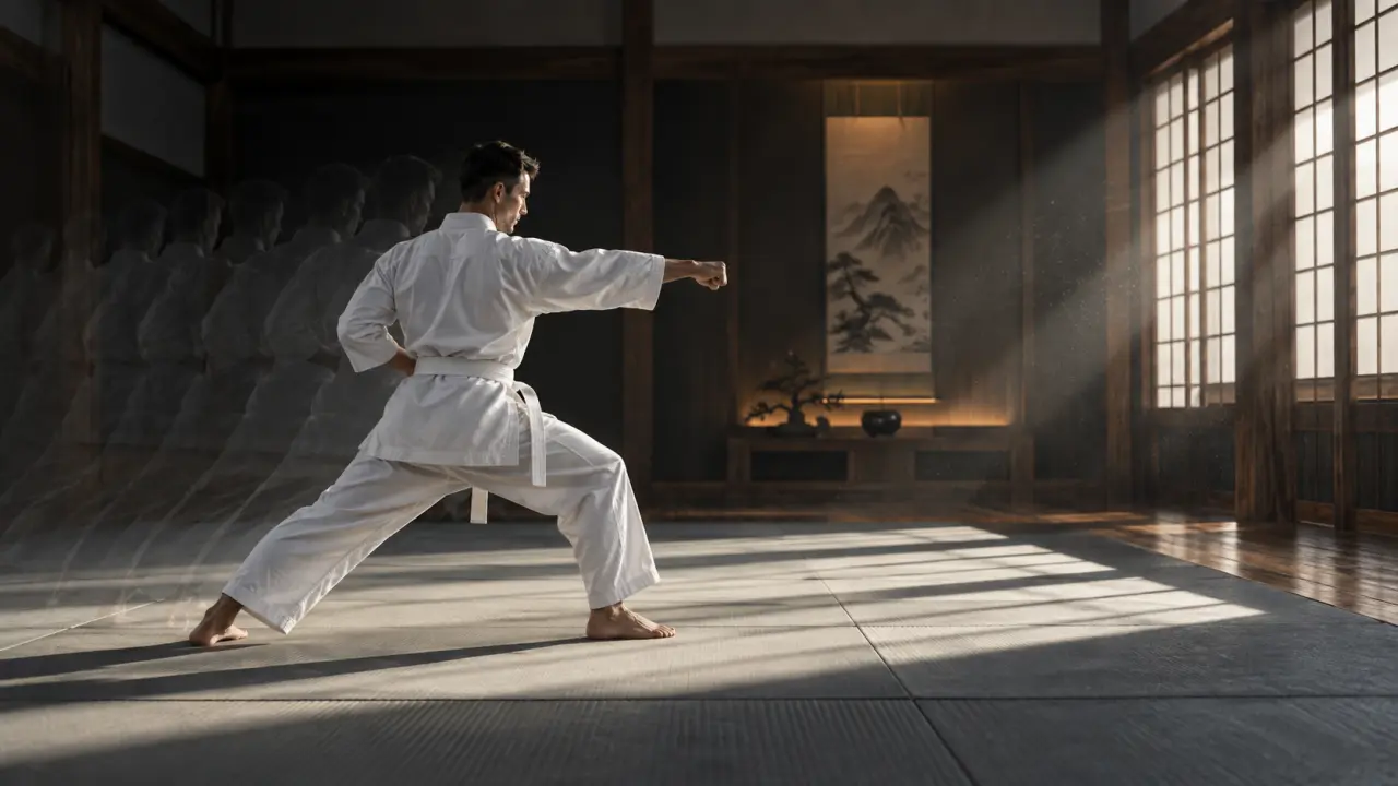Karatéka travaillant un enchaînement de kihon dans un dojo traditionnel