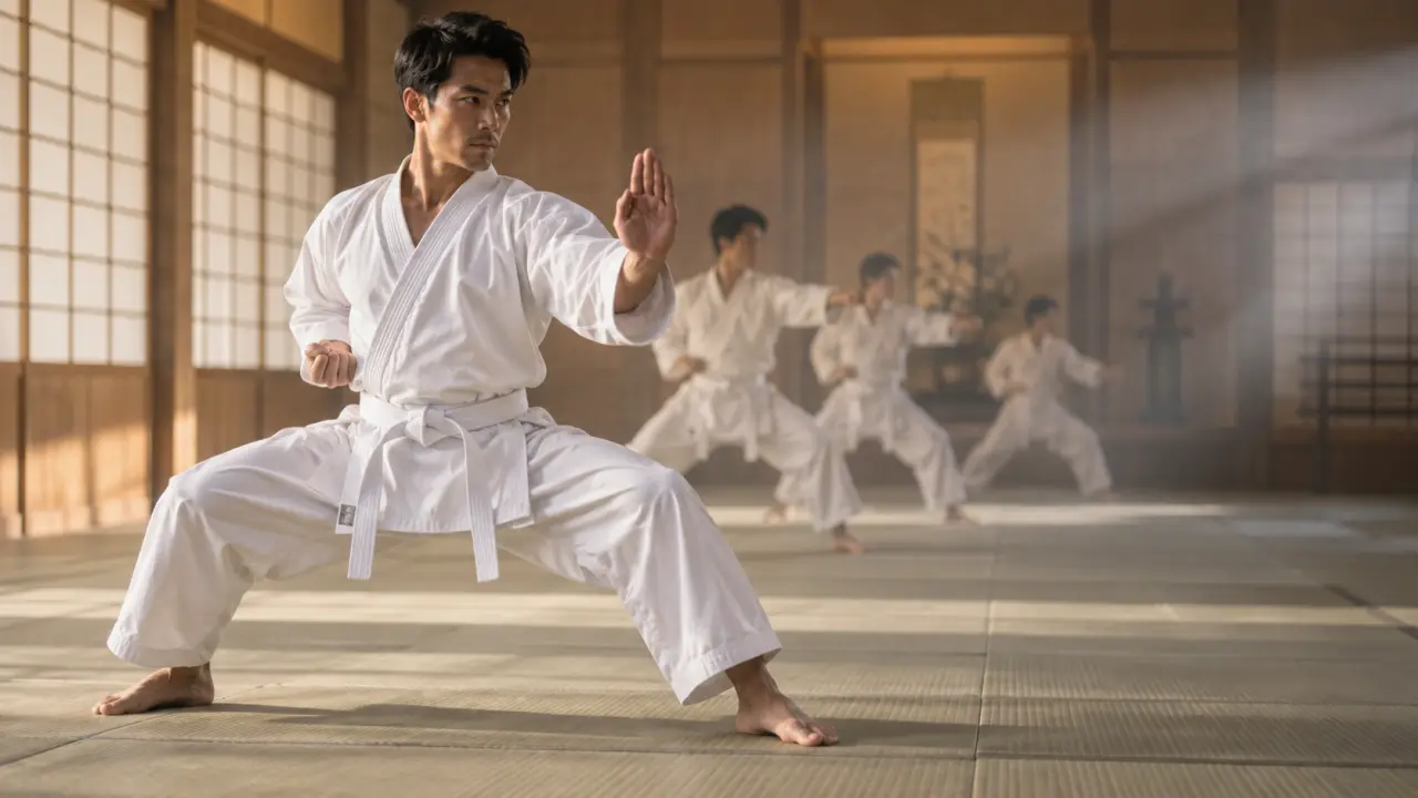 Karatéka exécutant un kata dans un dojo traditionnel