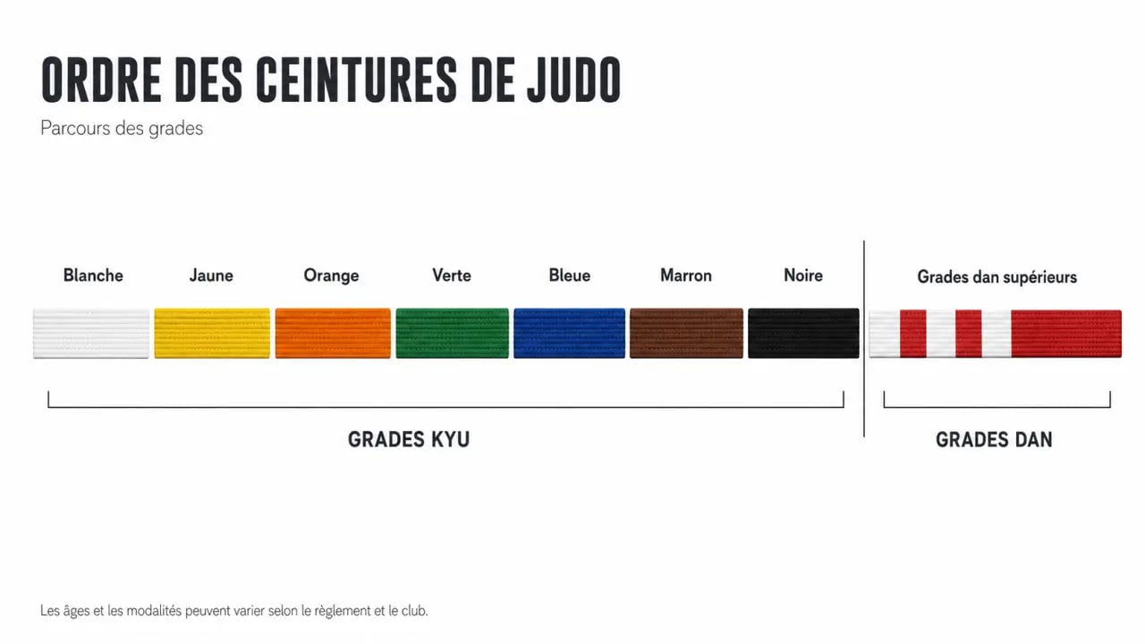 Infographie de l’ordre ceinture judo, de la blanche à la noire, avec les grades kyu et dan