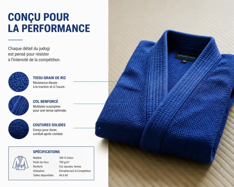 Kimono bleu judo de compétition en tissu grain de riz plié sur un tatami