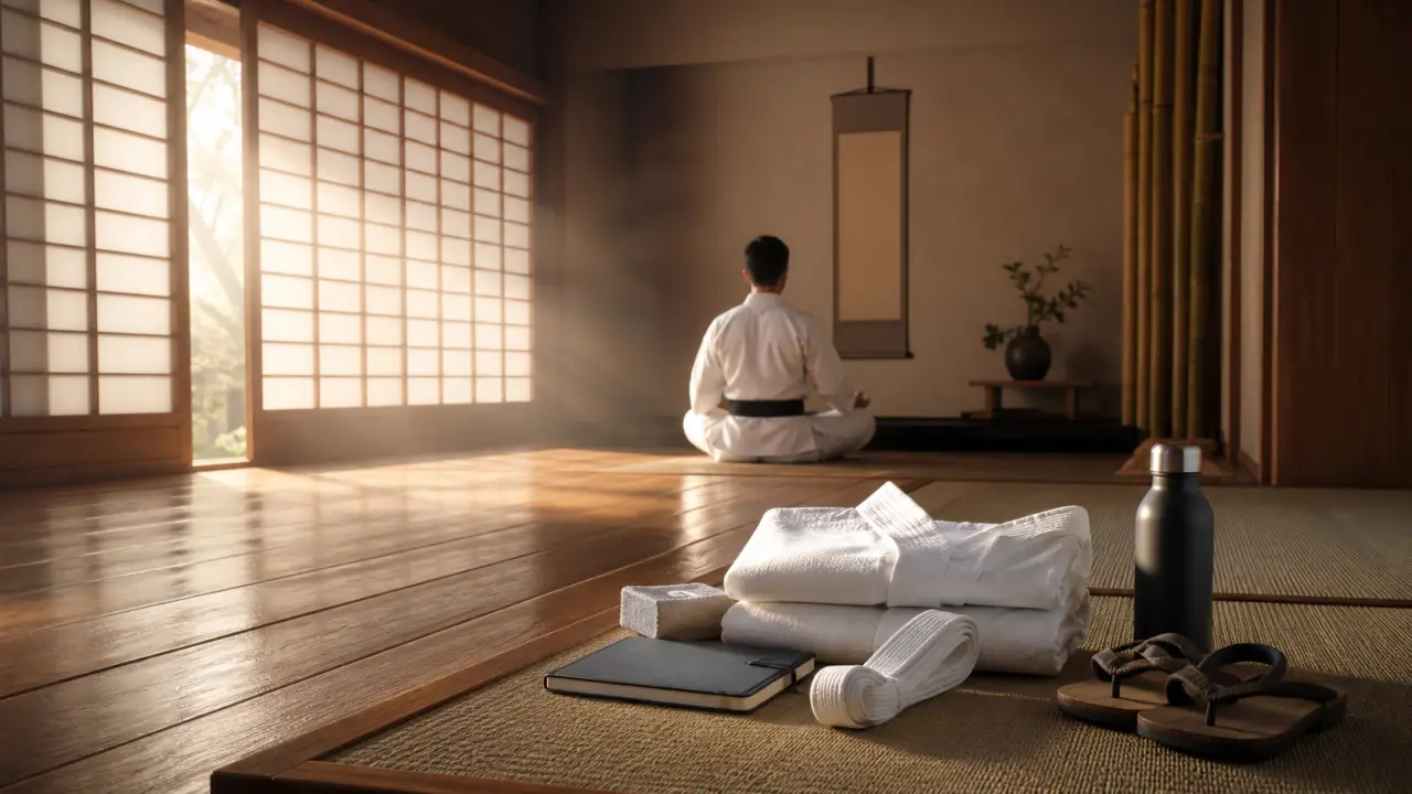 Karatéka en kimono blanc dans un dojo traditionnel japonais, lumière dramatique filtrant à travers les shoji