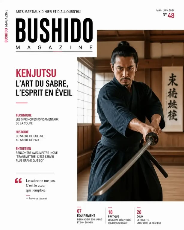 Pratiquant de kenjutsu en tenue traditionnelle dans un dojo