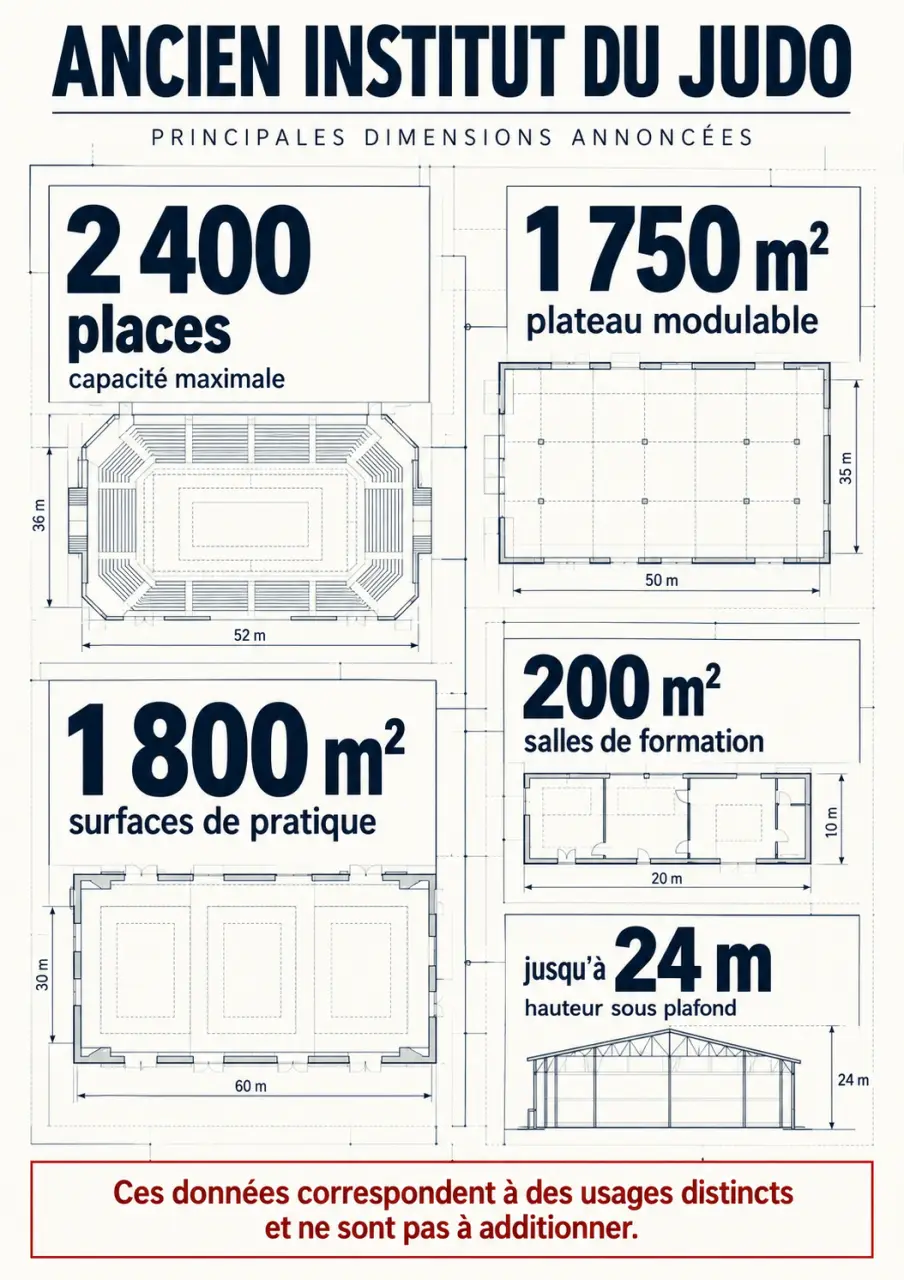 Dimensions et capacité de l'Institut du Judo à Paris