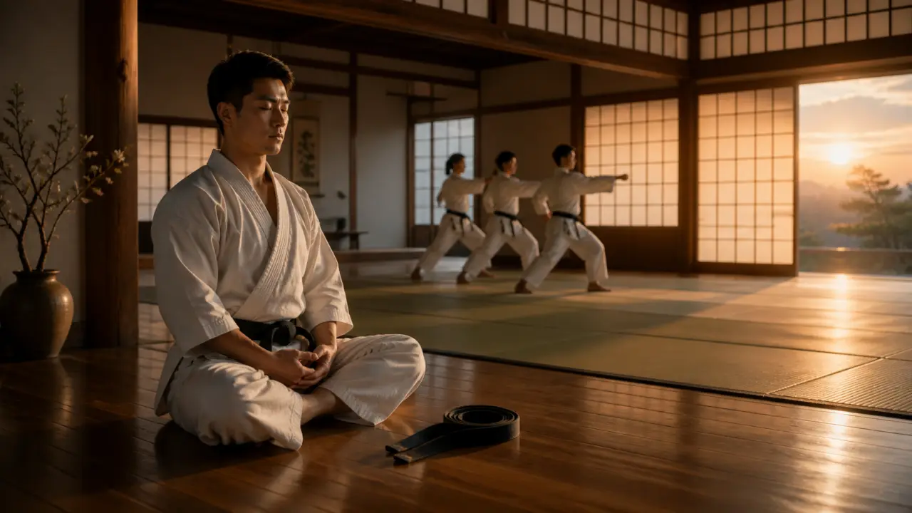 Karatéka en kimono blanc exécutant un coup de pied haut dans un dojo japonais traditionnel