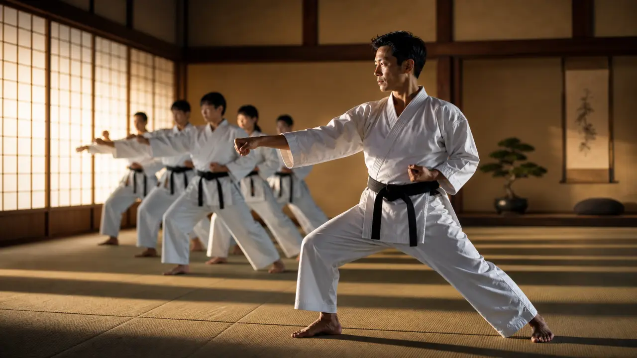Karatéka en kimono blanc exécutant un coup de pied haut dans un dojo japonais traditionnel, lumière dramatique sur les shoji