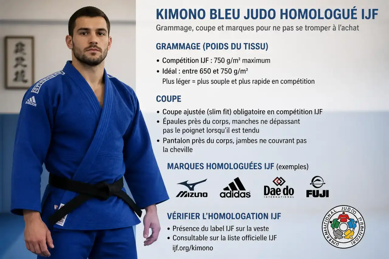 Kimono bleu judo homologué IJF : grammage, coupe et marques pour ne pas se tromper à l'achat