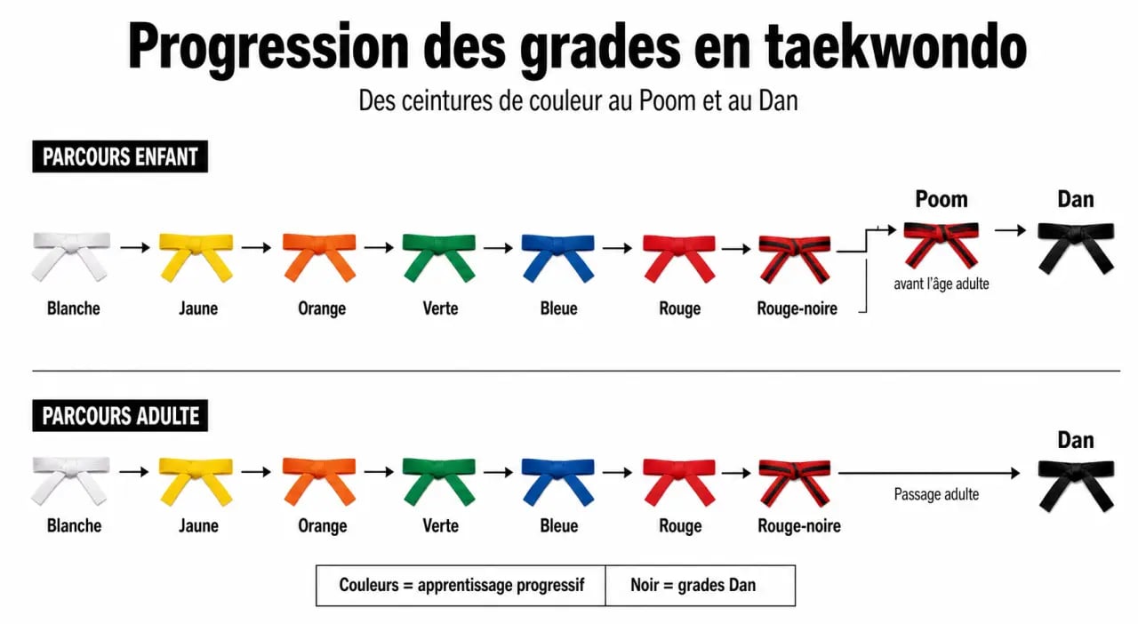 Grades taekwondo : progression visuelle des ceintures Keup, Poom et Dan