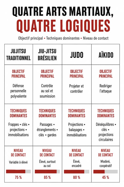Infographie comparative du ji ju tsu, du jiu-jitsu brésilien, du judo et de l'aïkido