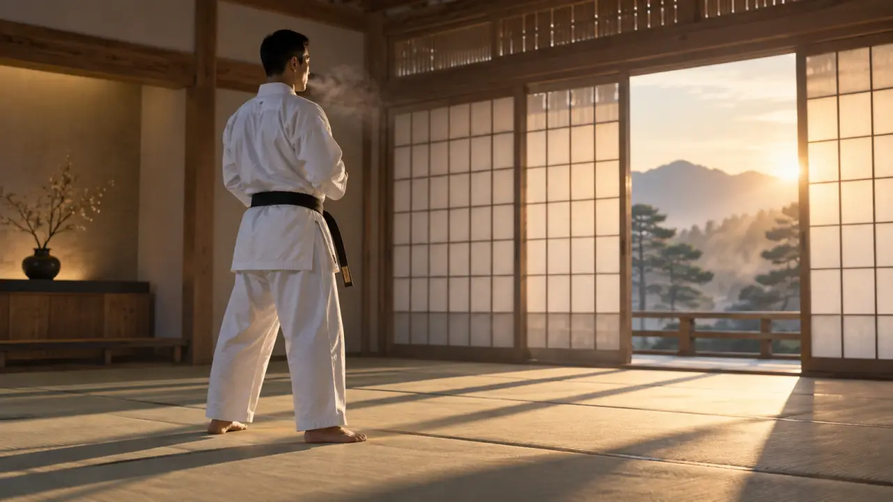 Karatéka concentré travaillant son souffle dans un dojo traditionnel