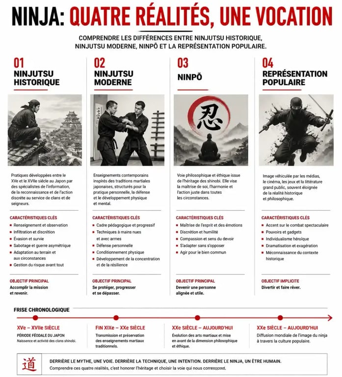 Ninjitsu comparé au ninja populaire, au ninjutsu moderne et au ninpō dans une composition éditoriale