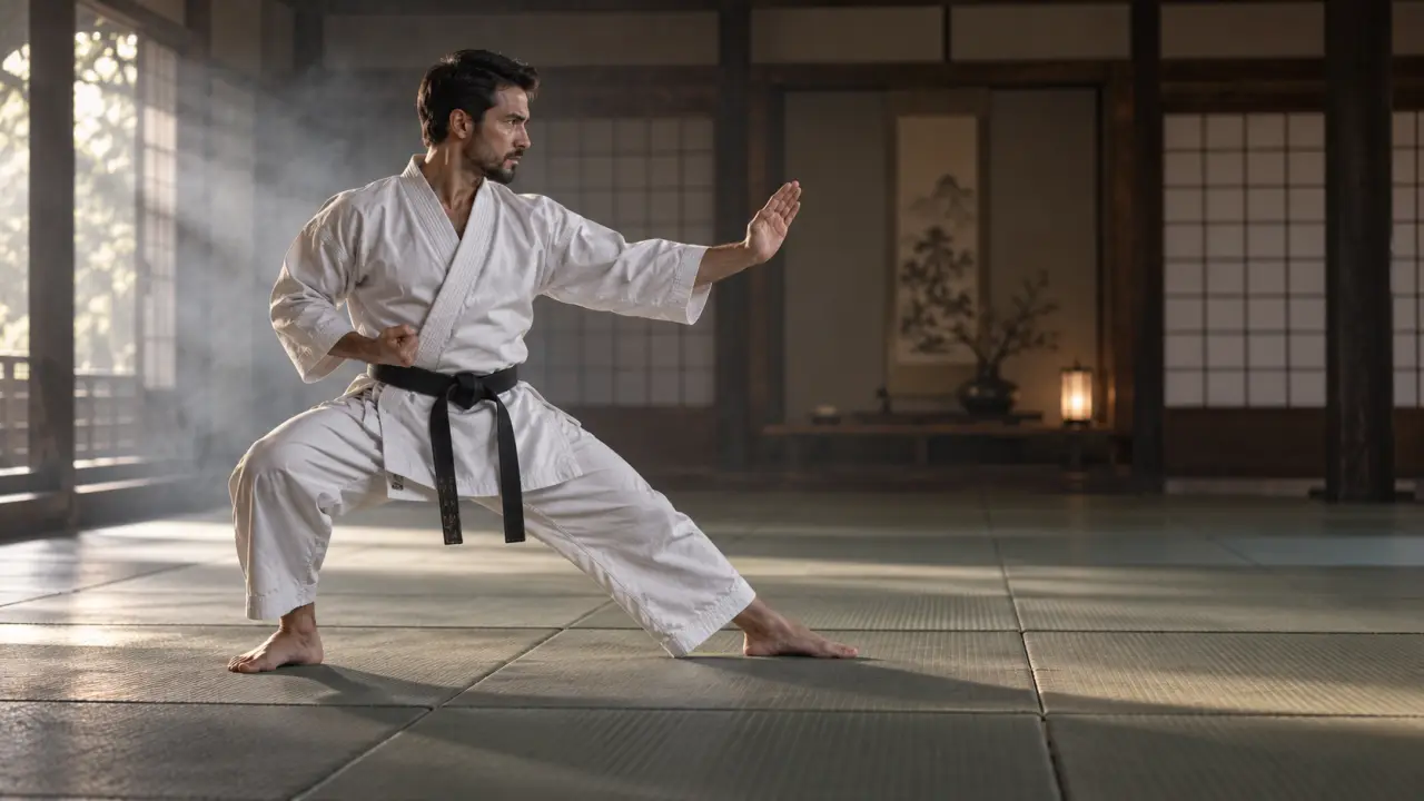 Karatéka travaillant une position kokutsu-dachi sur un tatami