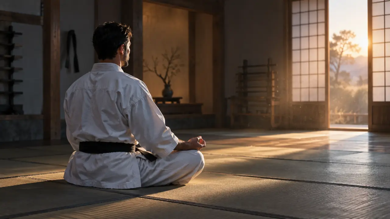 Karatéka adulte méditant en seiza dans un dojo traditionnel