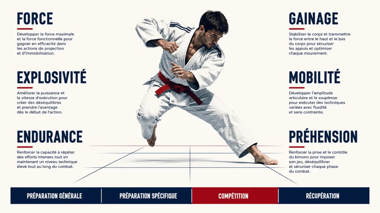 Préparation physique judo : infographie sur les qualités physiques et la planification saisonnière