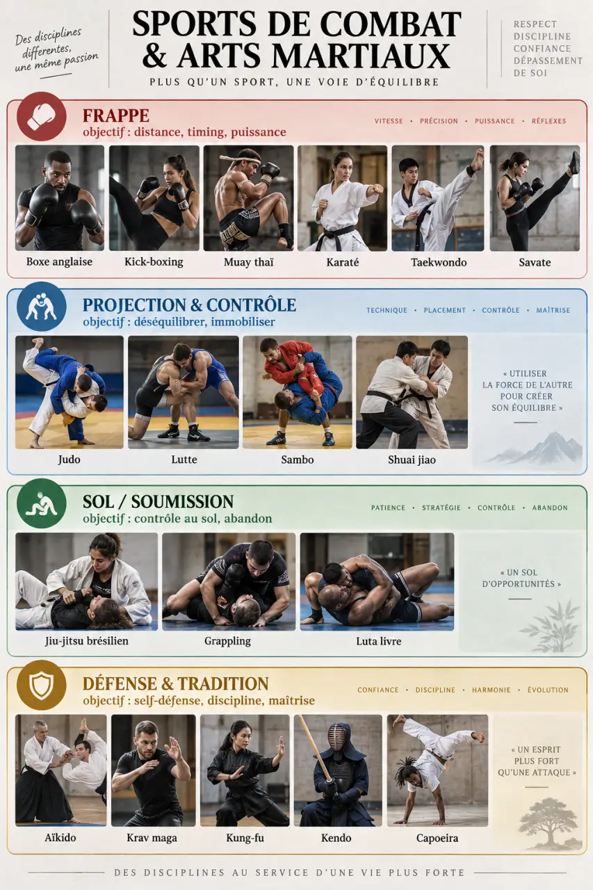 La liste des sports de combat, classée par famille et objectif