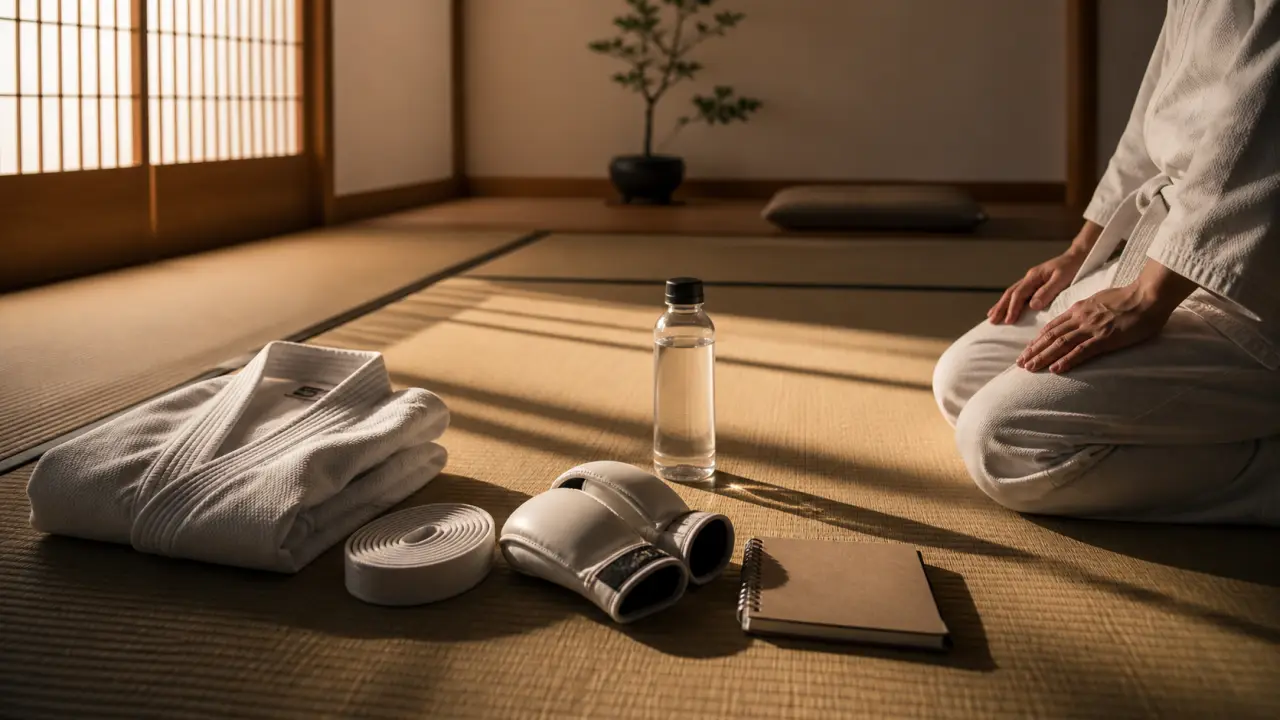 Karatéka en kimono blanc exécutant un coup de pied haut dans un dojo japonais lumineux