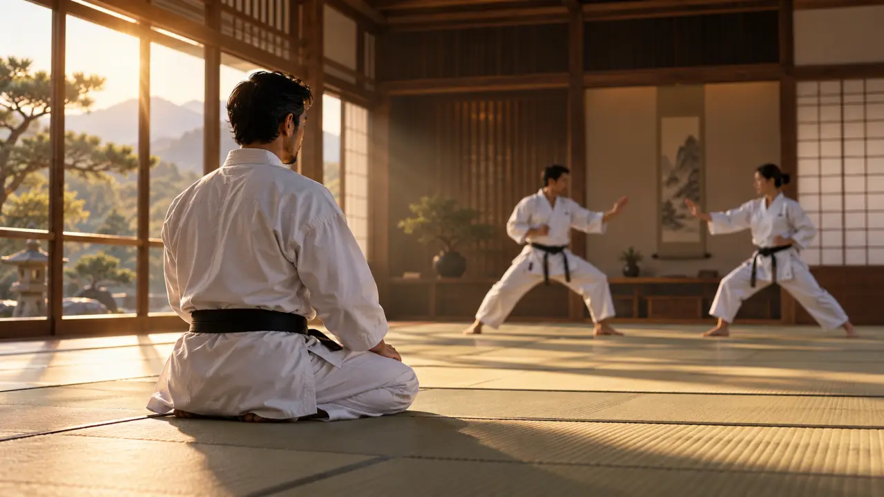 Karatéka en kimono exécutant un coup de pied dans un dojo traditionnel