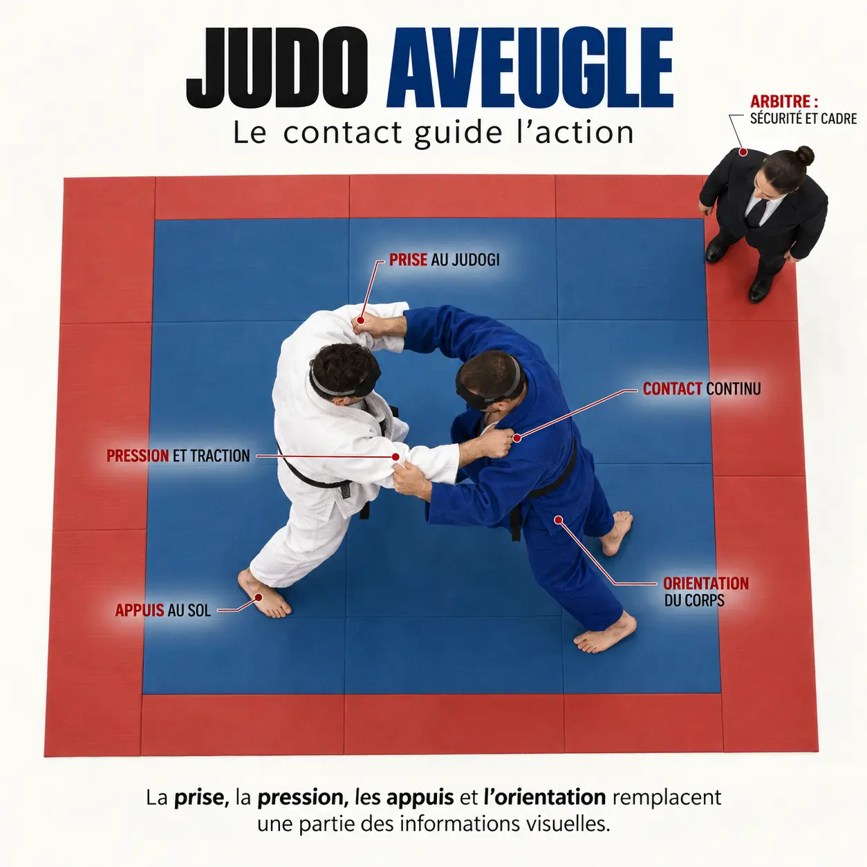 Schéma pédagogique du judo aveugle montrant le contact, les repères du tatami et le rôle de l’arbitre