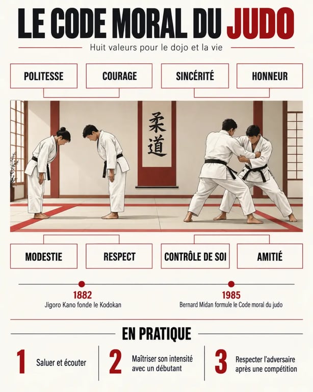Infographie sur le code moral du judo et ses huit valeurs appliquées au dojo