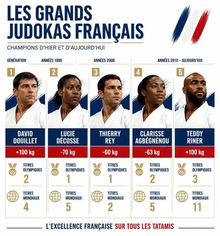 Infographie sur les principaux judokas français, leurs catégories de poids et leurs palmarès