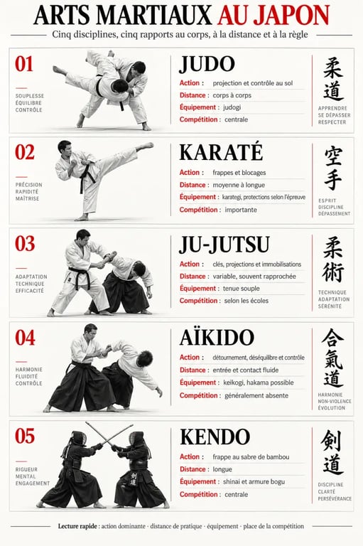 Infographie comparative des arts martiaux au Japon et de leurs principales caractéristiques
