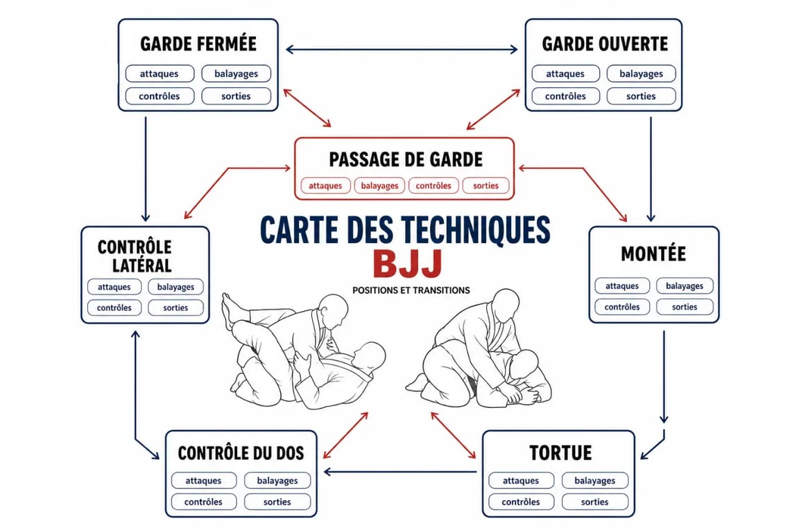 bjj techniques : schéma des positions de base, transitions et familles de mouvements