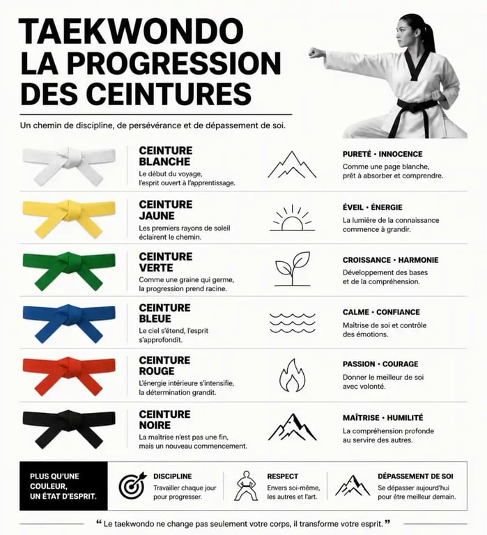 Progression des ceintures en taekwondo et symbolique des couleurs