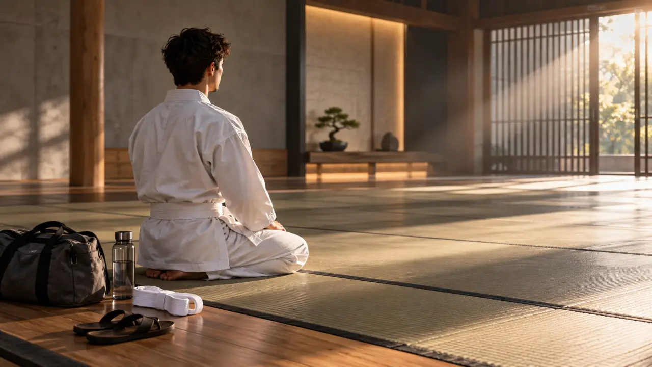Karatéka débutant en kimono dans un dojo traditionnel