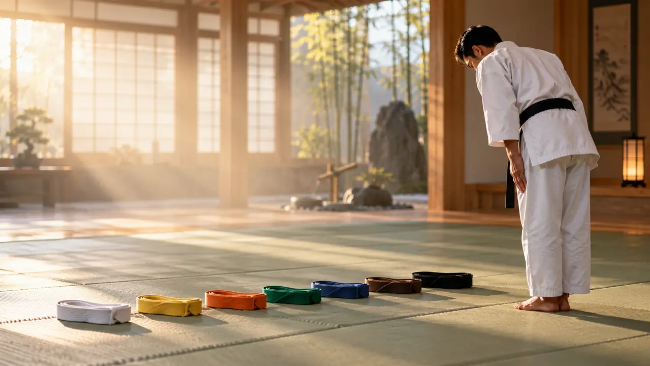 Karatéka en kimono pratiquant dans un dojo traditionnel baigné de lumière