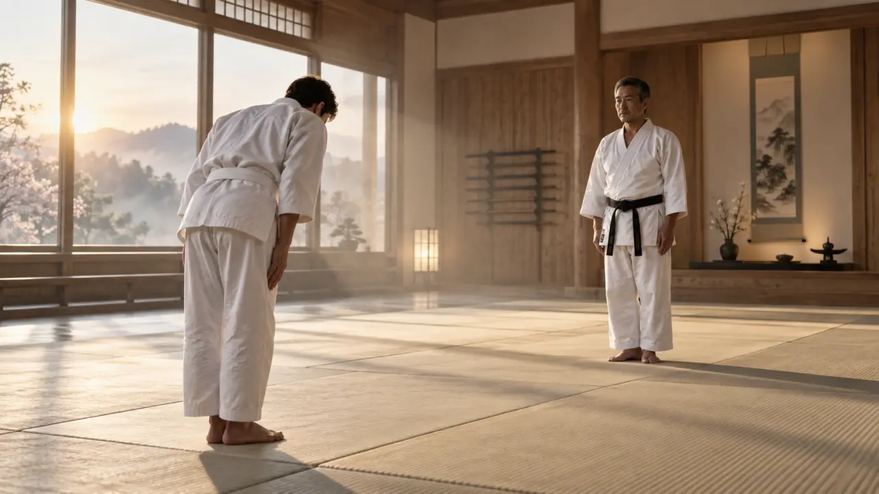 Karatéka débutant découvrant le dojo et le salut traditionnel