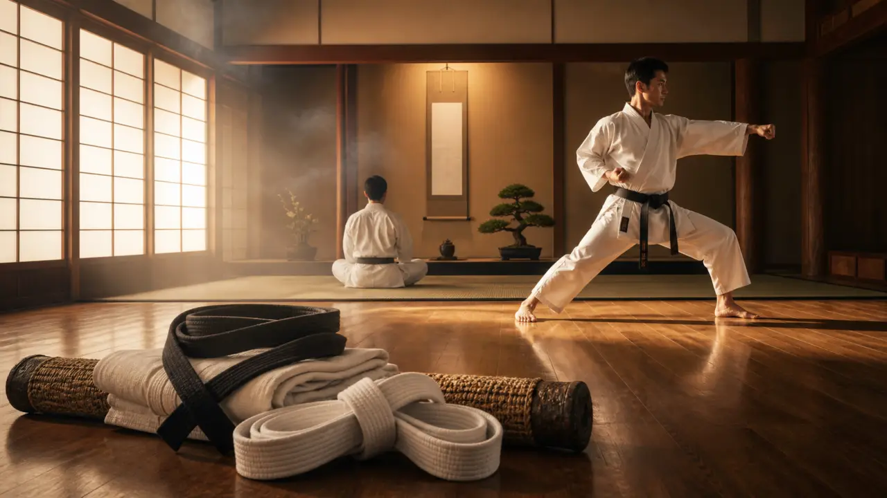 Karatéka en kimono blanc exécutant une technique dans un dojo traditionnel japonais