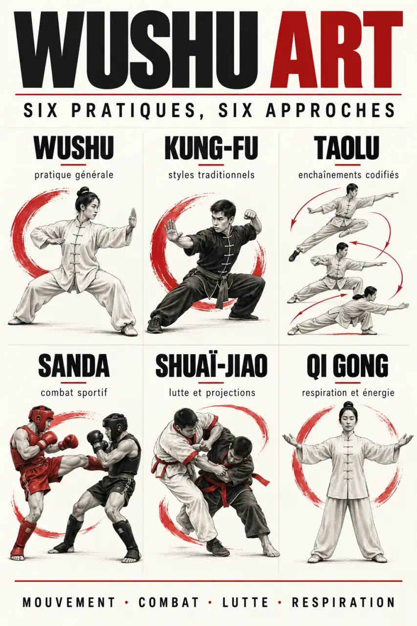 Wushu art : comparaison visuelle du taolu, du sanda, du shuaï-jiao et du qi gong