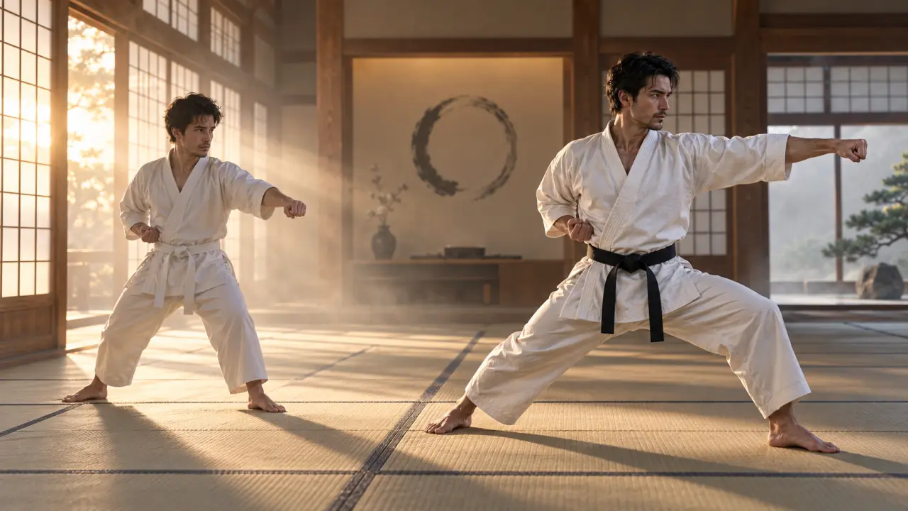 Karatéka exécutant un mouvement précis dans un dojo traditionnel